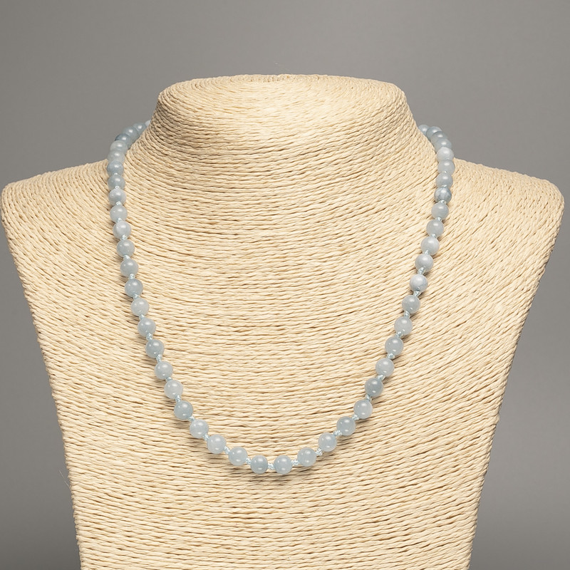 Sale! Gray-blue 'Aquamarine' smooth bead necklace, 6 mm diameter, 50 cm length, made of white nephrite (synthetic dyed)