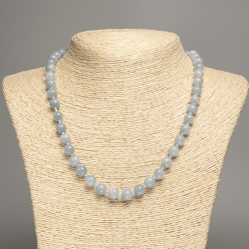 Discount! Gray-blue Necklace 'Aquamarine' smooth beads, 8 mm diameter, 50 cm length, made of white nephrite stone (synthetically dyed)