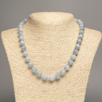 Gray-blue Necklace 'Aquamarine' with smooth beads, diameter approximately 10 mm, length approximately 50 cm, made of white nephrite (synthetic-dyed)