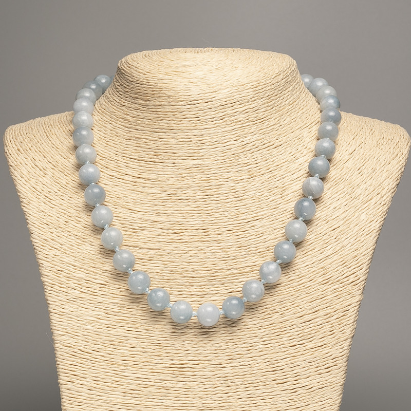 Gray-blue Necklace 'Aquamarine' with smooth beads, diameter approximately 10 mm, length approximately 50 cm, made of white nephrite (synthetic-dyed)