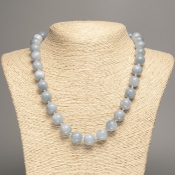 Discount! Gray-blue 'Aquamarine' smooth bead necklace, 12mm diameter, 50 cm long, made of white nephrite (synthetic dyed)