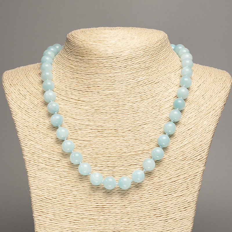 Sale! Light blue 'Aquamarine' necklace, smooth bead, diameter 10mm ±, length 50 cm ±, made of white nephrite stone (synthetic dyed)