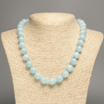 Discount! Light-blue Aquamarine necklace with smooth beads, 12 mm diameter approx, 50 cm length approx, made of white nephrite (synthetic dyed).