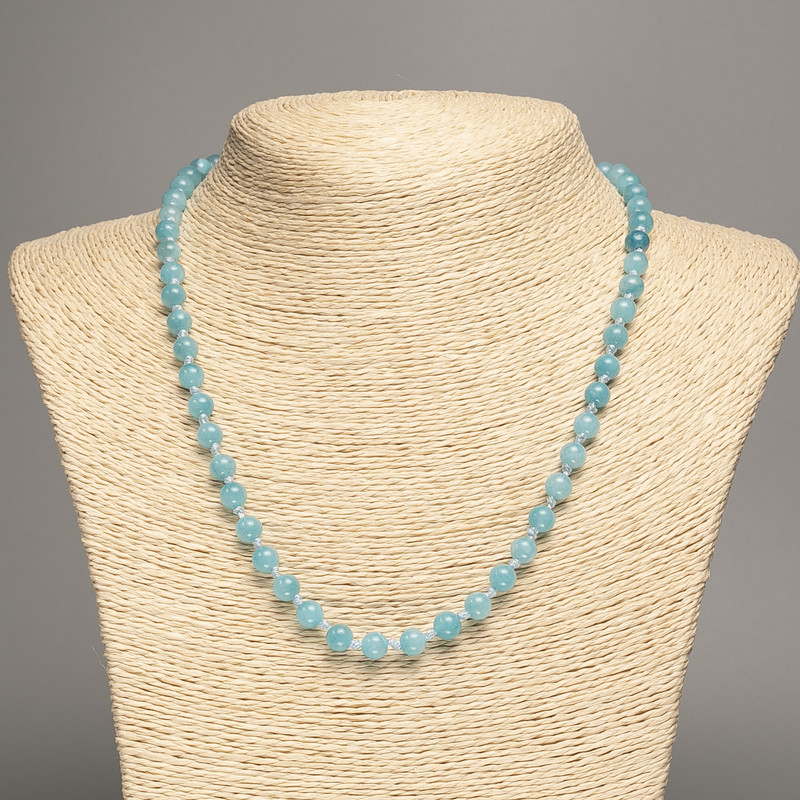 Sale! Blue Aquamarine Necklace with smooth beads, 6 mm diameter ±, 50 cm length ±, made of white nephrite (synthetic dyed).