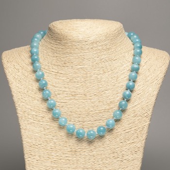 Sale! Blue Aquamarine Necklace with Smooth Beads, 10 mm diameter ±, 50 cm length ±, made of white nephrite (synthetically dyed)