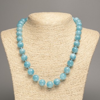 Discount! Blue Aquamarine Bead Necklace, smooth beads, 12mm diameter, 50 cm long, with white jade (synthetic dyed)
