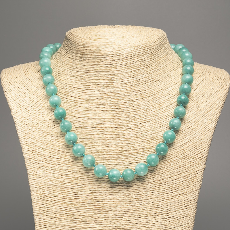 Light-green Aquamarine necklace with smooth beads, 10 mm diameter ±, 50 cm length ±, made from white nephrite stone (synthetically dyed)