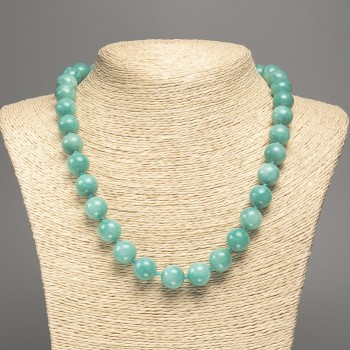 Discount! Light-green necklace 'Aquamarine' smooth beads, 12mm diameter ±, 50 cm length ±, made from white nephrite stone (synthetic dyed)