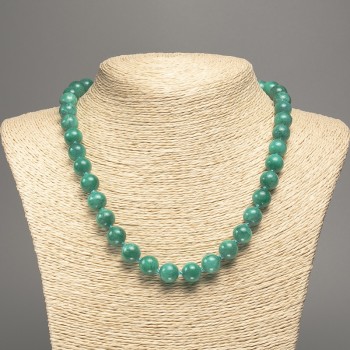 Sale! Green 'Aquamarine' smooth-bead necklace, 10 mm diameter +/-, length 50 cm +/-, made from white nephrite stone (synthetic-dyed)