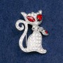 Kitten Brooch with White and Red Crystals, Silver Metal 37x26mm