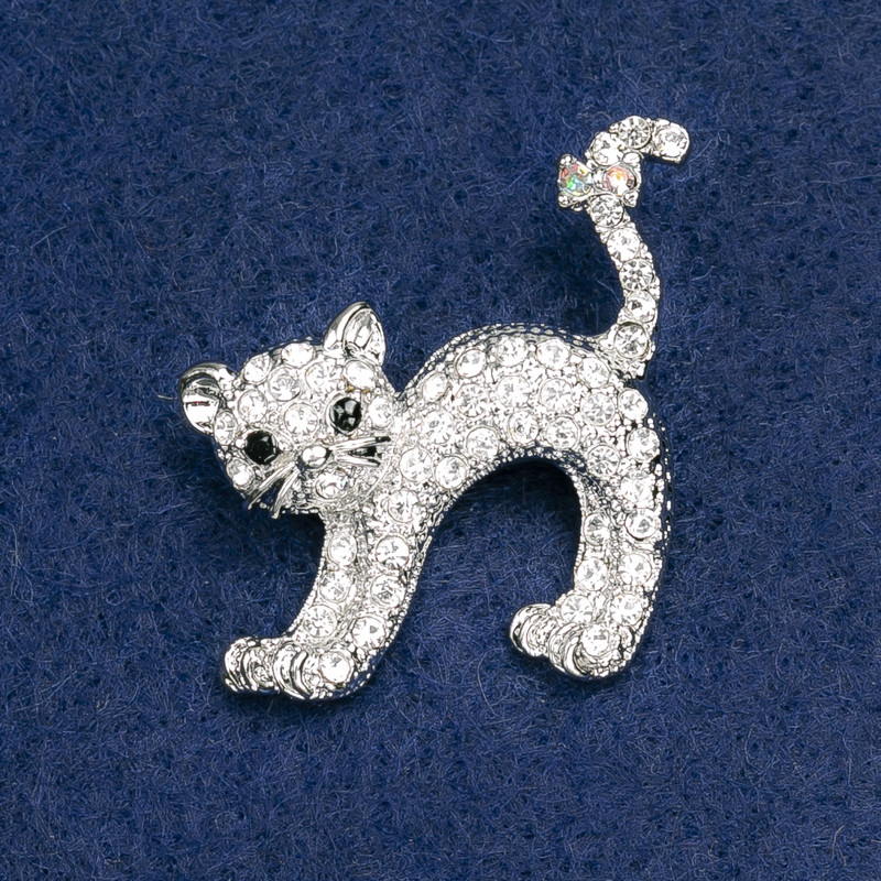 Brooch Kitty with White Crystals, Silver Metal 36x36mm