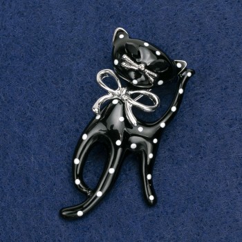 Brooch 'Kitty' acrylic white and black on silver metal 53×25 mm