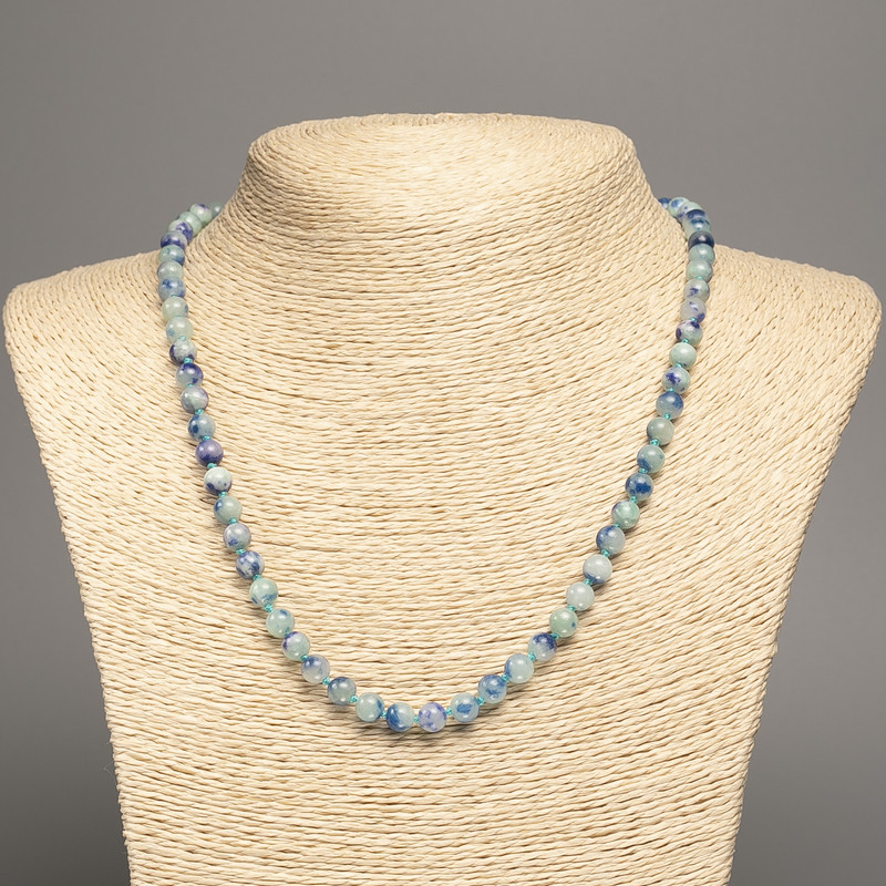 Sale! Necklace 'Colors of Summer' blue-azure glass beads, diameter about 6 mm, length about 50 cm, made of white nephrite (synthetically dyed).