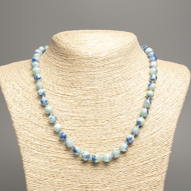 Discount! Necklace 'Colors of Summer' blue-cyan glass bead, diameter 8 mm ±, length 50 cm ±, made of white nephrite (synthetic dyed)
