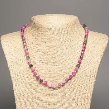 Sale! Necklace "Colors of Summer" white-green-raspberry glass beads, 6 mm diameter, 50 cm length, made from white jade (synthetic dyed)