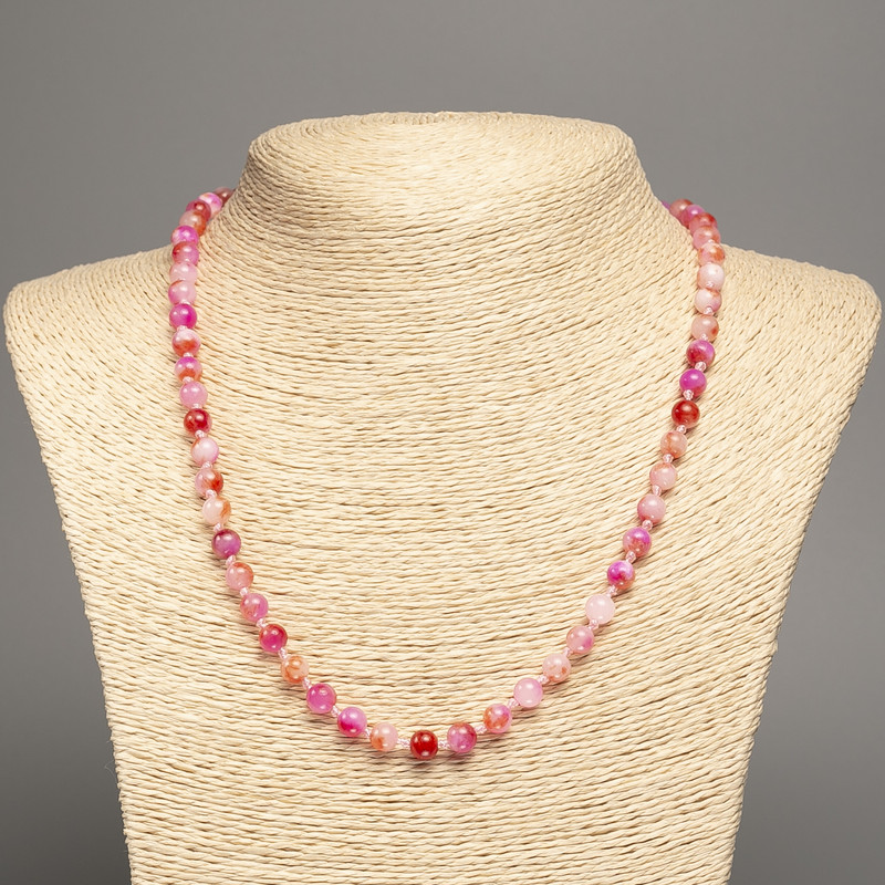 Discount! Necklace 'Colors of Summer' white-pinkish-red glossy bead, 6 mm diameter, about 50 cm long, made of white nephrite (synthetic dye).