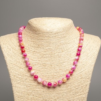 Sale! Necklace 'Colors of Summer' white-pink-brown main bead, 8 mm diameter, length 50 cm, from white jade stone (synthetic dyed).