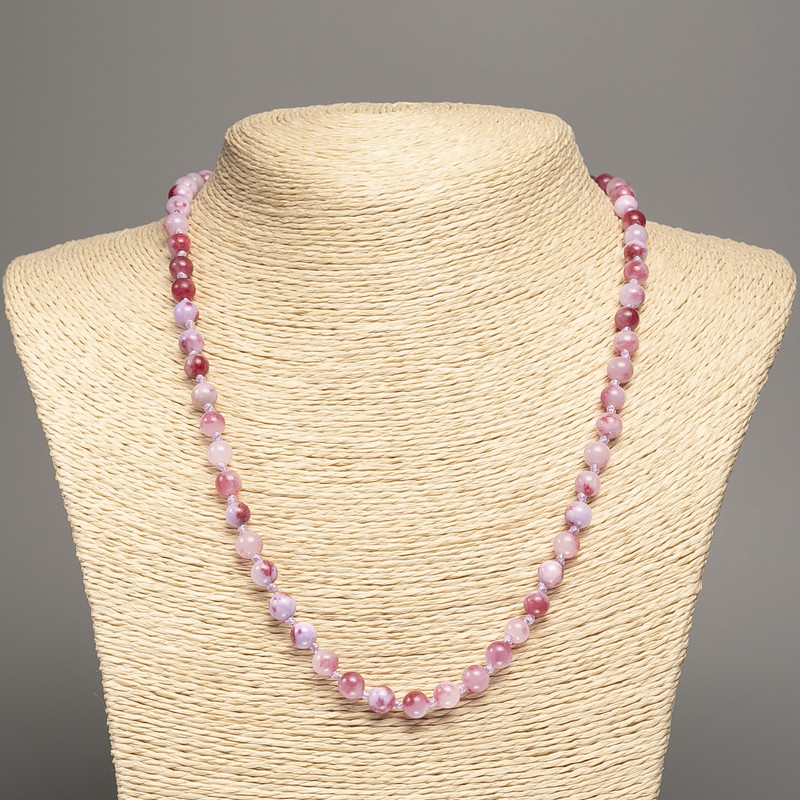 Discount! Necklace 'Colors of Summer' white, lilac, ruddy glass bead, 6 mm diameter, 50 cm length, from white jade (synthetic dyed)
