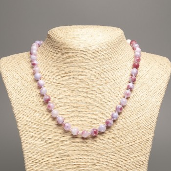Sale! Necklace "Colors of Summer" with white, lilac, and copper-colored glossy beads, 8 mm diameter, length about 50 cm, made from white nephrite (synthetic-dyed).