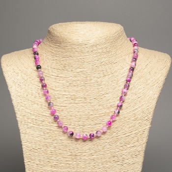 Necklace 'Colors of Summer' with white, gray, and magenta glossy beads, 6mm diameter, about 50 cm long, made of white nephrite stone (synthetic dyed)