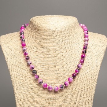Discount! Necklace 'Colors of Summer' white-gray-magenta glass beads, 8 mm diameter, 50 cm length, made from white nephrite stone (synthetic dyed)
