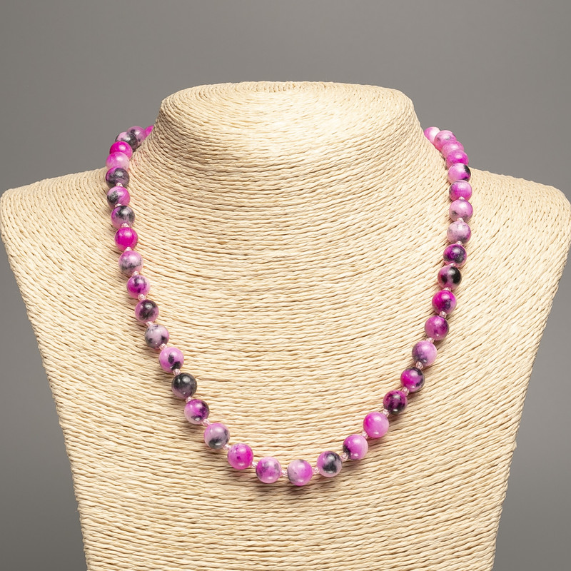 Discount! Necklace 'Colors of Summer' white-gray-magenta glass beads, 8 mm diameter, 50 cm length, made from white nephrite stone (synthetic dyed)