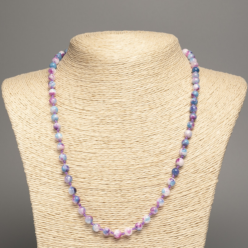 Discount! Necklace 'Colors of Summer' white, raspberry, and blue glass beads, 6 mm diameter, approx. 50 cm long, with white nephrite stone (synthetic dyed)