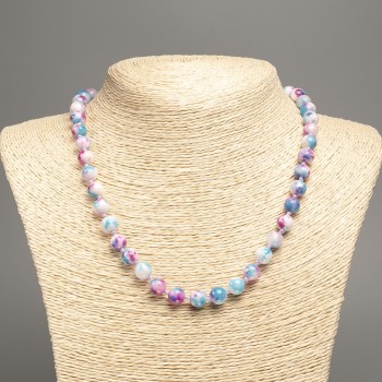 Discount! Necklace 'Colors of Summer' white, raspberry, and blue glossy beads, approximately 8 mm in diameter, approximately 50 cm long, made of white nephrite (synthetic dyed)