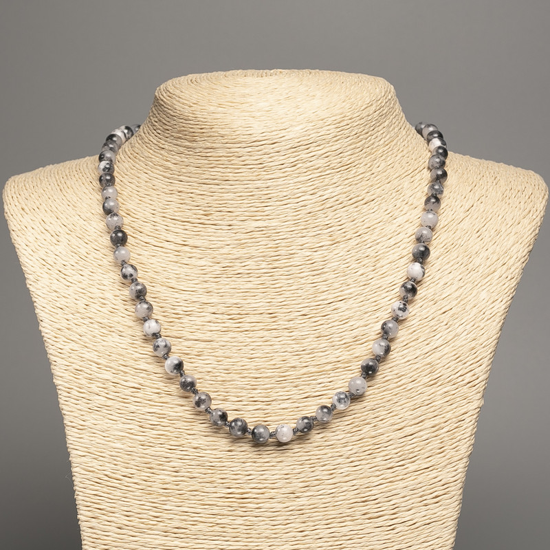 Sale! Necklace 'Colors of Summer' white-gray glossy beads, 6 mm diameter ±, length 50 cm ±, made from white jade (synthetic dyed).