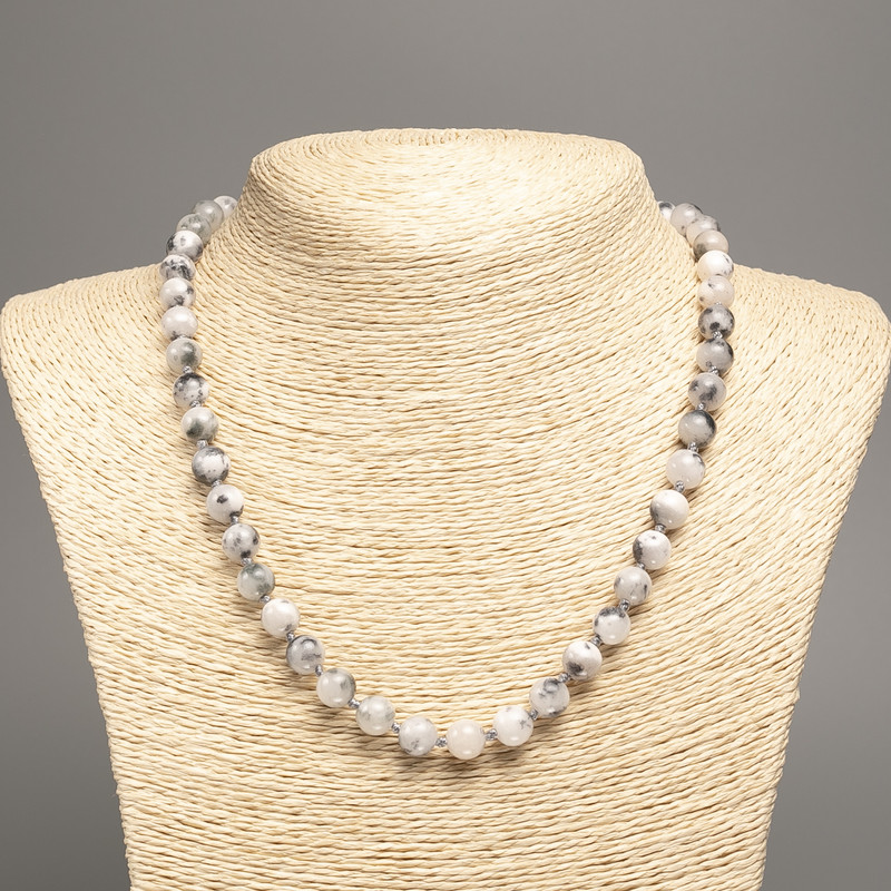 Sale! Necklace 'Colors of Summer' white-gray glossy beads, diameter ~8 mm, length ~50 cm, made of white nephrite (synthetic-dyed)