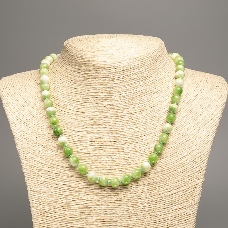 Sale! Necklace 'Colors of Summer' white-green glass beads, 8 mm diameter +/-, length 50 cm +/- with white nephrite stone (synthetic dyed).