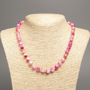 Discount! Necklace 'Colors of Summer' white, yellow, and raspberry glass beads, 8 mm diameter, 50 cm long, made of white jade (synthetically dyed)