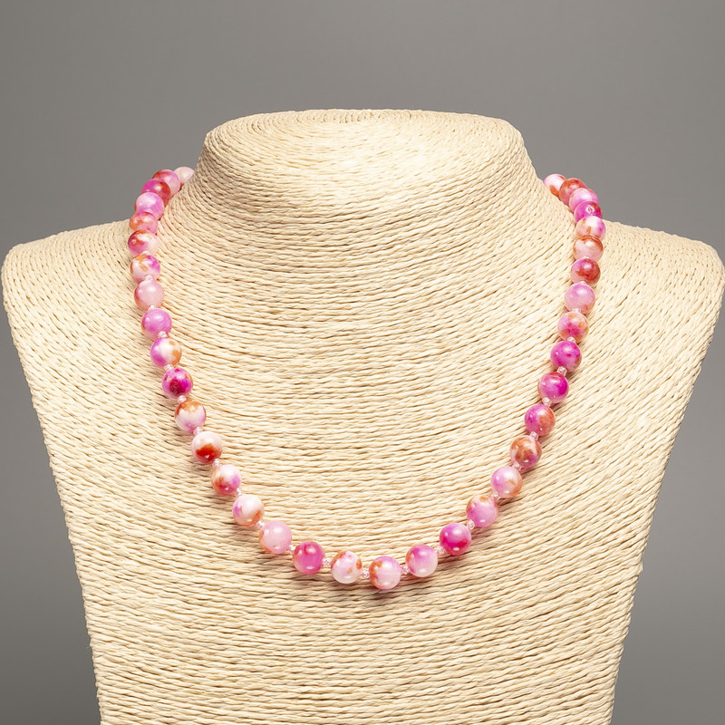 Discount! Necklace 'Colors of Summer' white, yellow, and raspberry glass beads, 8 mm diameter, 50 cm long, made of white jade (synthetically dyed)