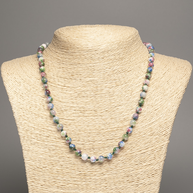Sale! Necklace 'Colors of Summer' white, blue, pink, and green glass beads, 6 mm in diameter, 50 cm in length, made of white nephrite stone (synthetic dyed).