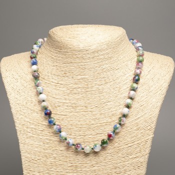 Sale! Necklace 'Colors of Summer' white, blue, pink, and green glass beads, 8 mm diameter, 50 cm long, made of white nephrite stone (synthetic-dyed)