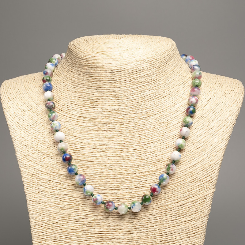 Sale! Necklace 'Colors of Summer' white, blue, pink, and green glass beads, 8 mm diameter, 50 cm long, made of white nephrite stone (synthetic-dyed)