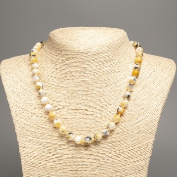 Sale! Necklace "Colors of Summer" white, gray, and yellow glass beads, 8 mm diameter, 50 cm length, made of white nephrite (synthetic dyed)