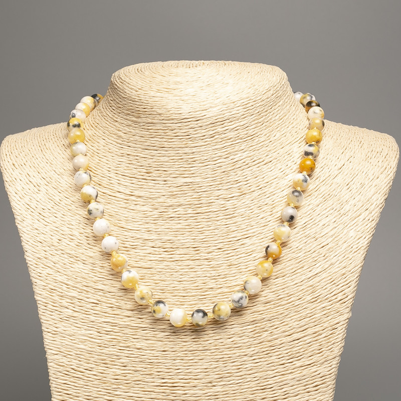 Sale! Necklace "Colors of Summer" white, gray, and yellow glass beads, 8 mm diameter, 50 cm length, made of white nephrite (synthetic dyed)