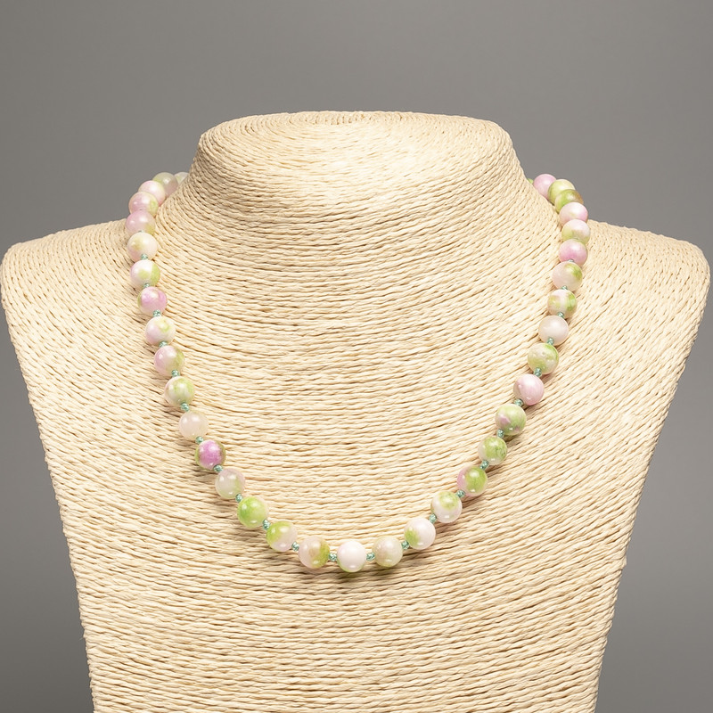Discount! Necklace "Colors of Summer" white, pink, and green glass beads, 8 mm diameter, length 50 cm, made of white nephrite stone (synthetic dyed)