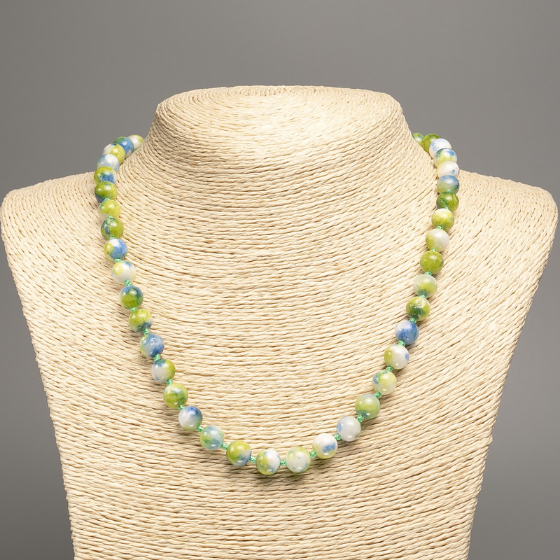 Discount! Necklace 'Colors of Summer' white-blue-green glossy beads, diameter 8 mm, length 50 cm, made of white jade (synthetic dyed).
