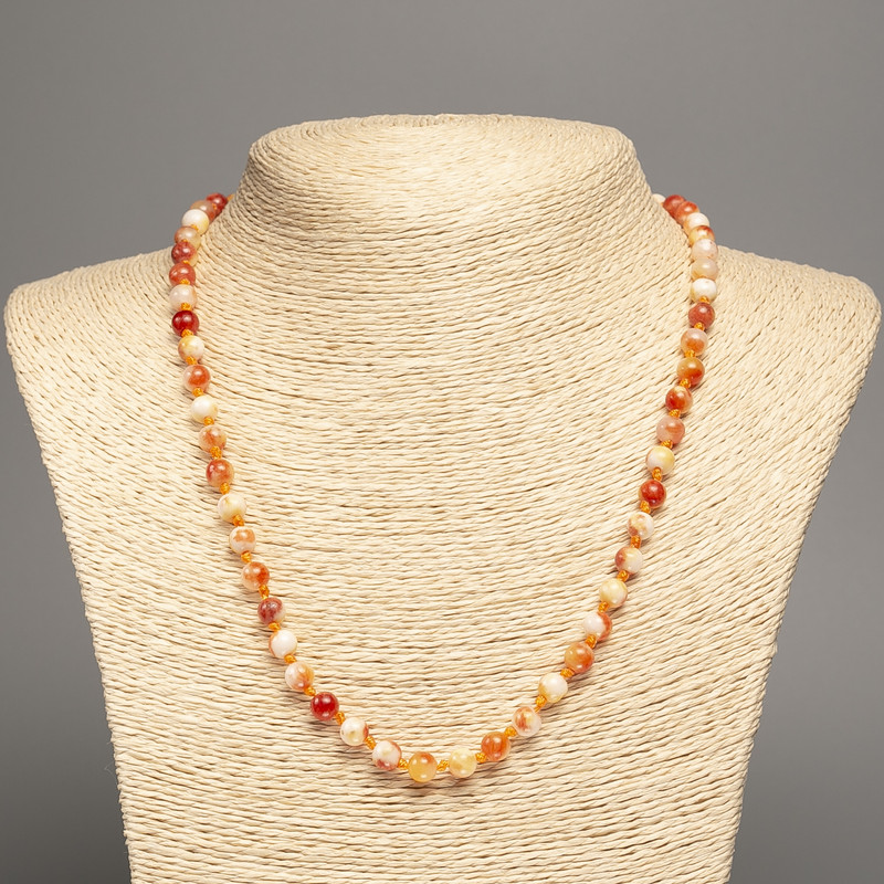 Sale! Necklace 'Colors of Summer' white and reddish-brown glossy beads, 6 mm diameter, 50 cm long (±), made of white nephrite (synthetically dyed)