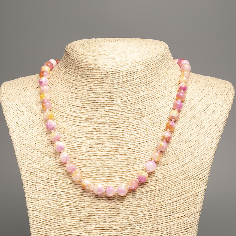 Discount! Necklace 'Colors of Summer' white-yellow-pink glass beads, diameter 8 mm, length about 50 cm, made from white nephrite (synthetically dyed)