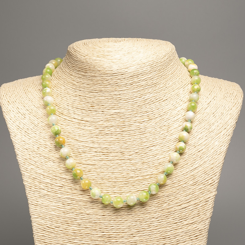 Sale! Necklace 'Colors of Summer' white-yellow-green glossy beads, 8 mm diameter, about 50 cm long, made of white nephrite (synthetic dyed)