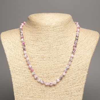 Necklace 'Colors of Summer' white, gray, and pink glass beads, 6 mm diameter, 50 cm length, from white nephrite stone (synthetic dyed)