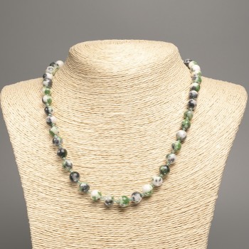 Sale! Necklace 'Colors of Summer' white, green, gray glass beads, 8 mm diameter, length 50 cm, with white nephrite stone (synthetic dyed)