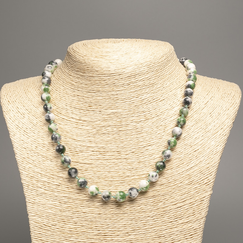 Sale! Necklace 'Colors of Summer' white, green, gray glass beads, 8 mm diameter, length 50 cm, with white nephrite stone (synthetic dyed)