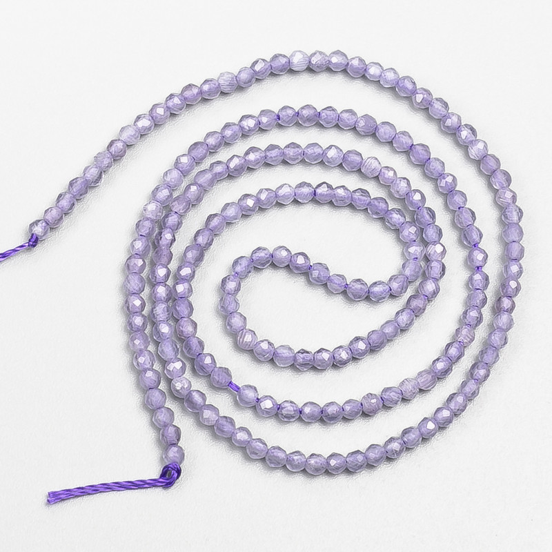 Small synthetic spinel beads, purple amethyst color, faceted round beads, 2 mm in diameter, on a thread, length 37 cm