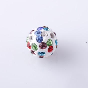 Shamballa Bead, 10 mm diameter, White with Colored Rhinestones, Faceted, 9 pcs