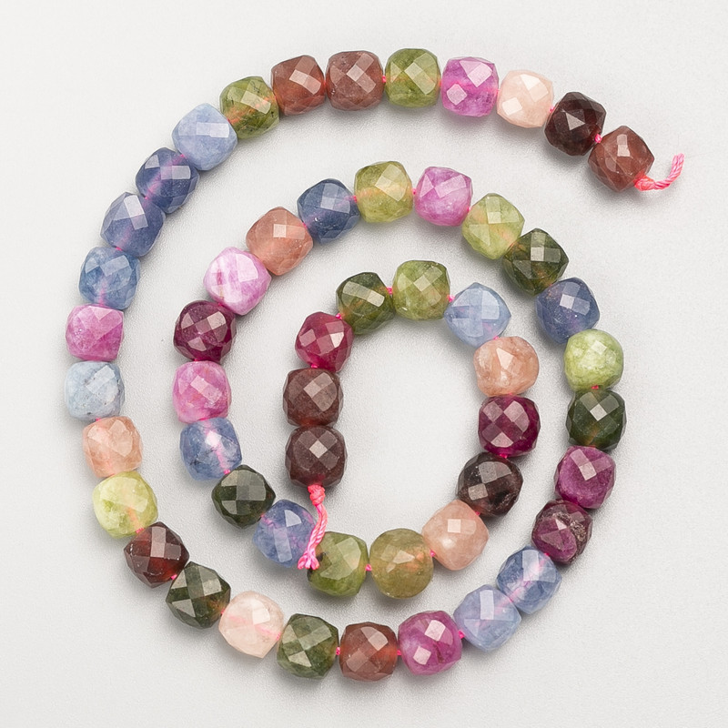 Tourmaline Beads Natural Stone Faceted Cubes on Thread, Diameter 7 mm +/-, Length 38 cm +