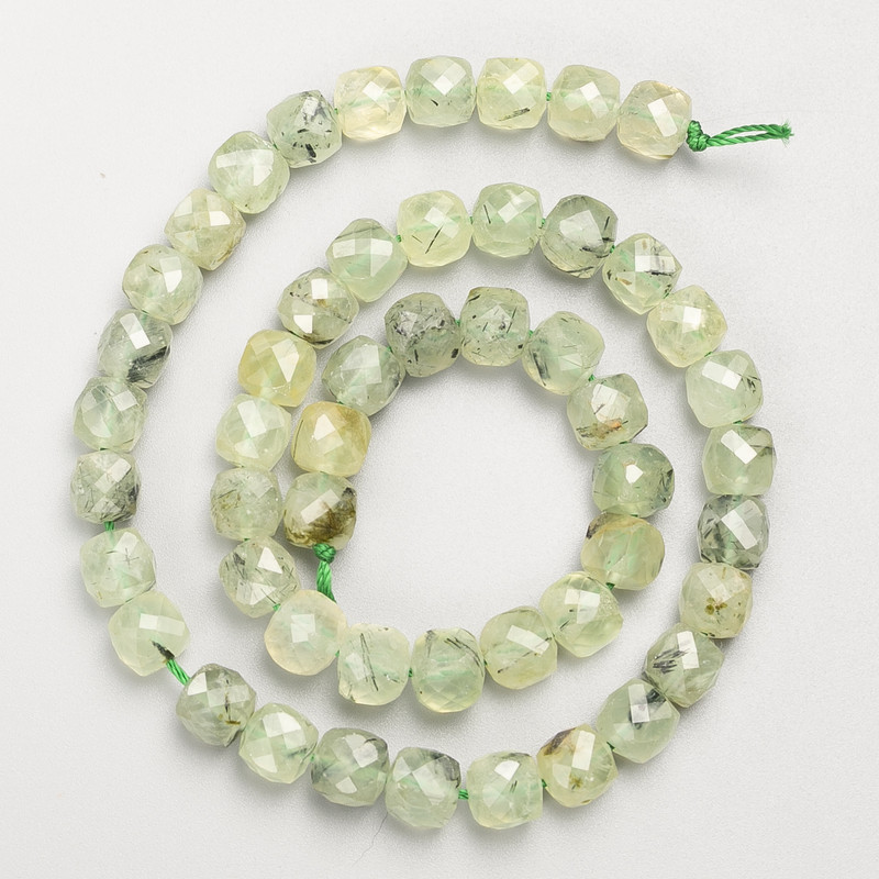 Prehnite Beads, Natural Stone, Faceted Cube on Thread, Diameter 8 mm ±, Length 39 cm ±